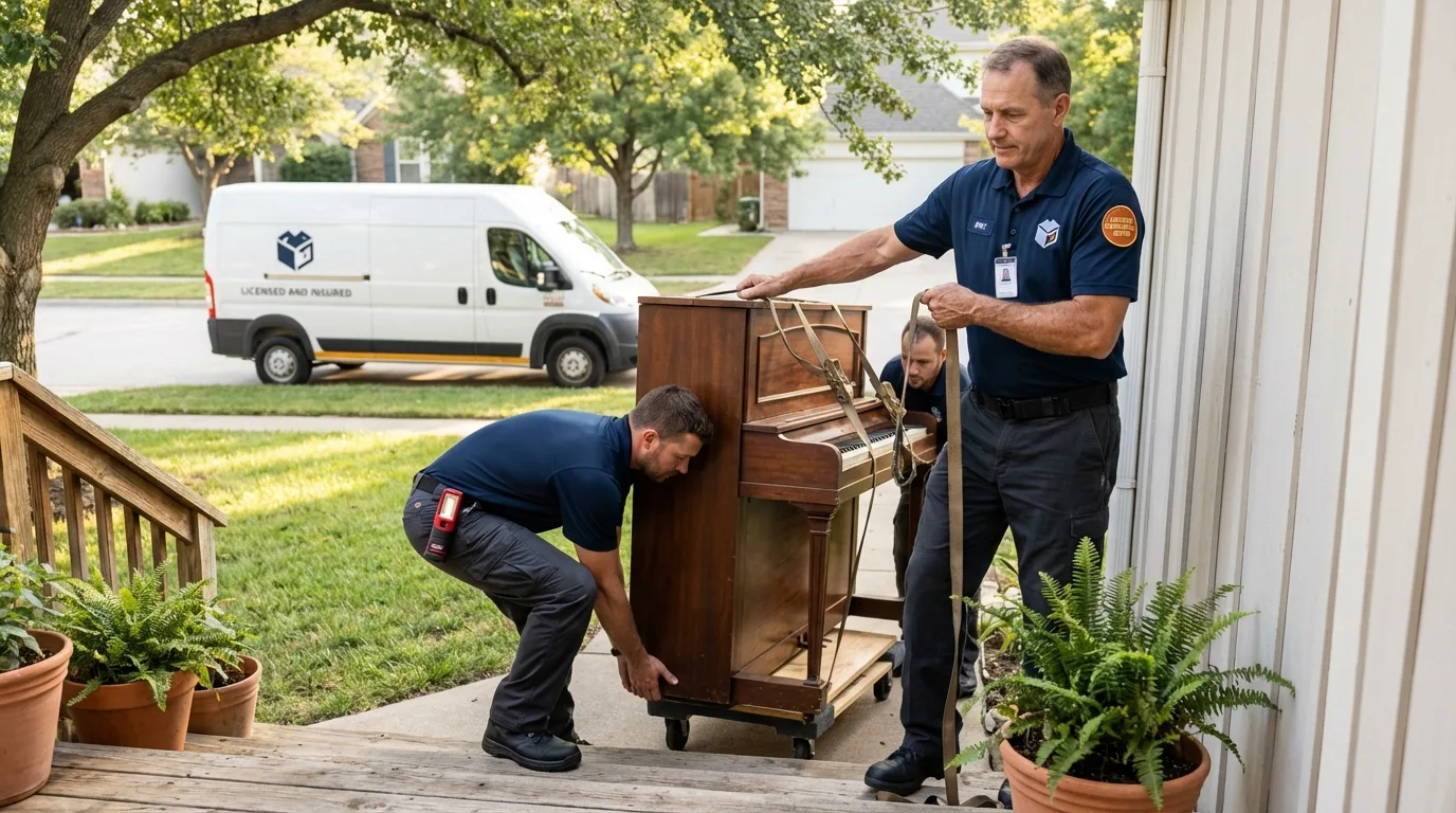 Licensed piano movers securing grand piano in Patchogue, NY