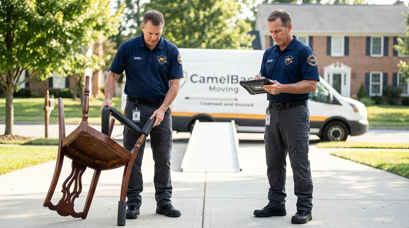 Movers inspecting furniture for damage prevention before loading in Patchogue, NY