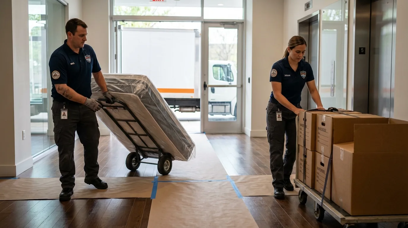 Professional apartment movers loading elevator in Patchogue, NY