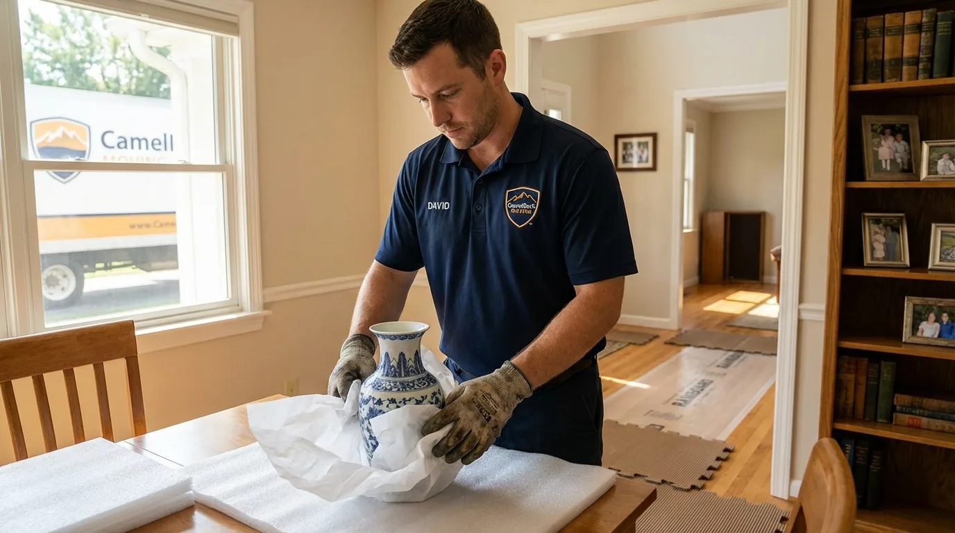 Professional crew carefully wrapping antique vase for senior downsizing move in Patchogue, NY